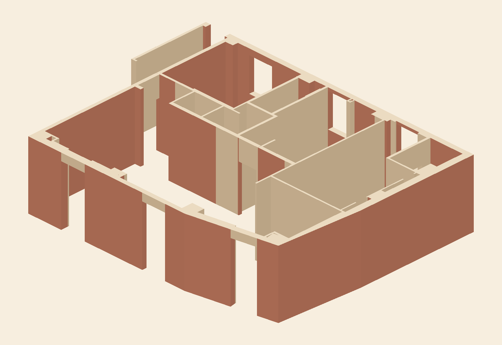 Axonometric working model of a private residence, showing walls, partitions and room layout
